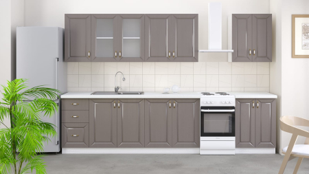 Seturi Mobila Bucatarie - Bucatarie Rubin, 260x60x200 cmMDF infoliat, Blat termorezistent, Alb/Gri