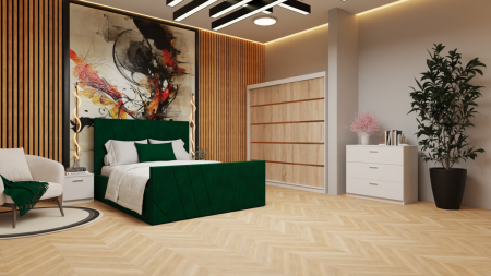 Dormitor cu pat  Tony 160x200 Tapitat Stofa Verde cu dulap 200*200 usi glisante Sonoma&Alb, noptiere si comoda [1]