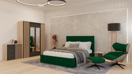 Seturi Dormitor - Dormitor Dallas Cu Pat Nobless Tapitat Verde