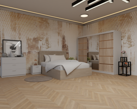 Dormitor: Lotus Pat Tapitat Dressing 250x200 Alb&Sonoma 3 Usi cu Oglinda [1]