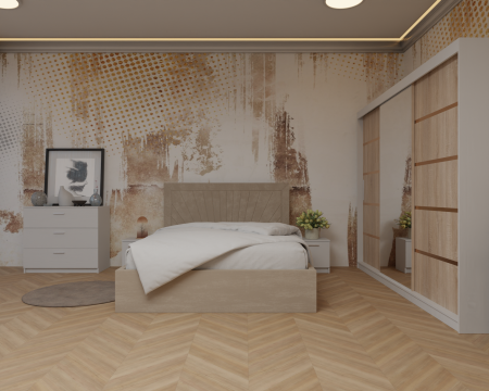 Seturi Dormitor - Dormitor: Lotus Pat Tapitat Dressing 250x200 Alb&Sonoma 3 Usi cu Oglinda