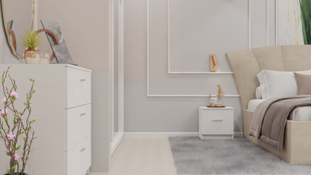 Dormitor Lucas cu Pat Tapitat Stofa Bej cu dulap 200*200 usi glisante Alb cu oglinda , noptiere si comoda [9]