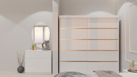 Dormitor Lucas cu Pat Tapitat Stofa Bej cu dulap 200*200 usi glisante Alb , noptiere si comoda [3]