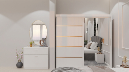 Dormitor Lucas cu Pat Tapitat Stofa Gri cu dulap 200*200 usi glisante Alb cu oglinda , noptiere si comoda [3]