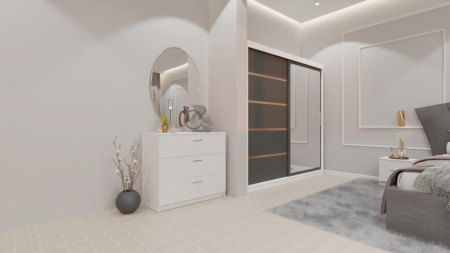 Dormitor Lucas cu Pat Tapitat Stofa Gri cu dulap 200*200 usi glisante Antracit&Alb cu oglinda , noptiere si comoda [2]