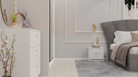 Dormitor Lucas cu Pat Tapitat Stofa Gri cu dulap 200*200 usi glisante Antracit&Alb cu oglinda , noptiere si comoda [4]