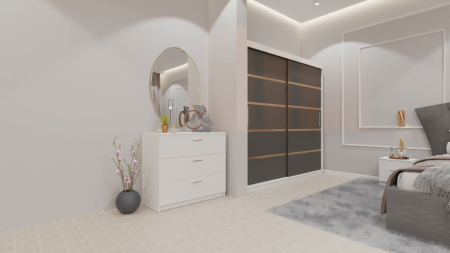 Dormitor Lucas cu Pat Tapitat Stofa Gri cu dulap 200*200 usi glisante Antracit&Alb , noptiere si comoda [4]