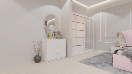 Dormitor Lucas cu Pat Tapitat Stofa Roz cu dulap 200*200 usi glisante Alb cu oglinda , noptiere si comoda [1]