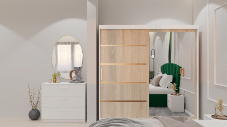 Dormitor Lucas cu Pat Tapitat Stofa Verde cu dulap 200*200 usi glisante Sonoma&Alb cu oglinda , noptiere si comoda [3]