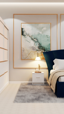 Dormitor Lucas Tapitat Stofa Albastru cu dulap 250*200 usi glisante Alb, noptiere si comoda [4]