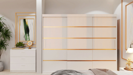 Dormitor Lucas Tapitat Stofa Bej cu dulap 250*200 usi glisante Alb, noptiere si comoda [3]