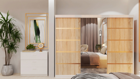 Dormitor Lucas Tapitat Stofa Bej cu dulap 250*200 usi glisante Alb&Sonoma cu Oglinda, noptiere si comoda [1]