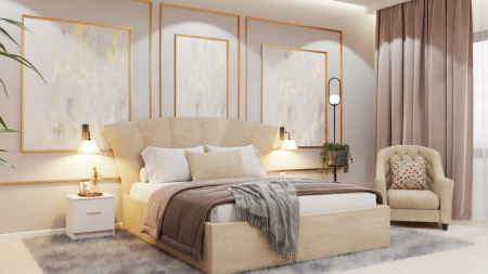 Dormitor Lucas Tapitat Stofa Bej cu dulap 250*200 usi glisante Alb&Sonoma, noptiere si comoda [2]