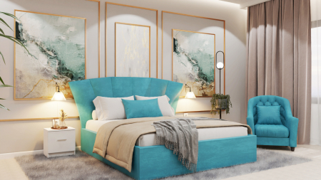 Dormitor Lucas Tapitat Stofa Turcoaz cu dulap 250*200 usi glisante Alb cu Oglinda, noptiere si comoda [2]