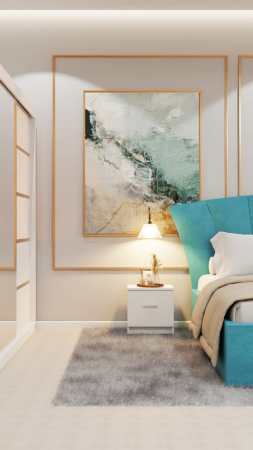 Dormitor Lucas Tapitat Stofa Turcoaz cu dulap 250*200 usi glisante Alb cu Oglinda, noptiere si comoda [4]