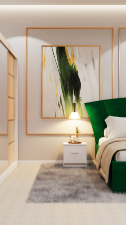 Dormitor Lucas Tapitat Stofa Verde cu dulap 250*200 usi glisante Alb&Sonoma cu Oglinda, noptiere si comoda [4]