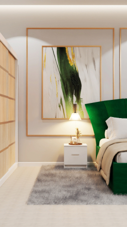 Dormitor Lucas Tapitat Stofa Verde cu dulap 250*200 usi glisante Alb&Sonoma, noptiere si comoda [4]