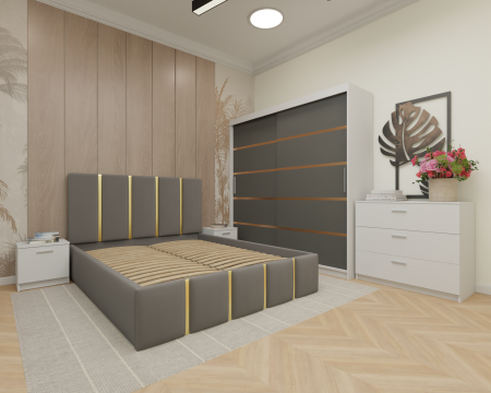 Dormitor MILANO Tapitat, 200X200 Alb&Antracit fara oglinda, Somiera Rabatabila [1]
