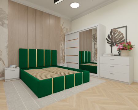 Dormitor MILANO Tapitat, 200X200 Alb cu oglinda, Somiera Rabatabila [1]