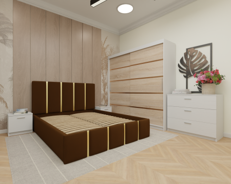 Dormitor MILANO Tapitat, 200X200 Alb&Sonoma fara oglinda, Somiera Rabatabila [1]