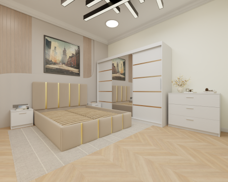 Dormitor MILANO Tapitat, 250X200 Alb cu oglinda, Somiera Rabatabila [1]