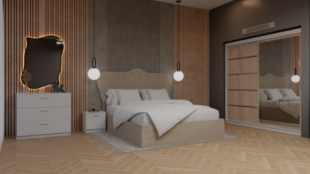 Dormitor Queen Pat Tapitat Dressing 200x200 Alb&Sonoma Cu Oglinda [1]