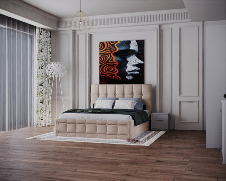 Dormitor Regal cu Pat Tapitat Stofa Bej cu dulap 200*200 usi glisante Sonoma&Alb cu Oglinda, noptiere si comoda [3]