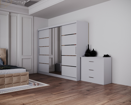 Dormitor Regal cu Pat Tapitat Stofa Bej cu dulap 250*200 usi glisante Alb cu Oglinda, noptiere si comoda [4]