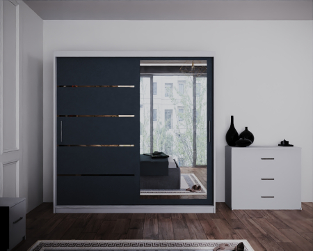 Dormitor Regal cu Pat Tapitat Stofa Gri cu dulap 200*200 usi glisante Alb&Antracit cu Oglinda, noptiere si comoda [2]