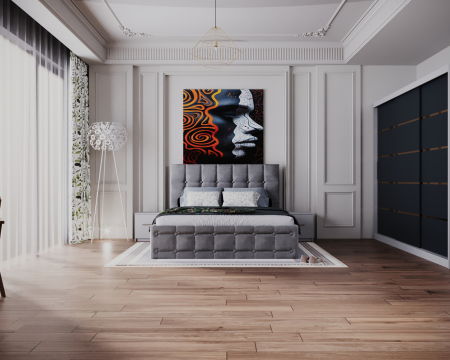 Seturi Dormitor - Dormitor Regal cu Pat Tapitat Stofa Gri cu dulap 250*200 usi glisante Alb&Antracit, noptiere si comoda