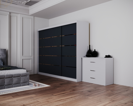 Dormitor Regal cu Pat Tapitat Stofa Gri cu dulap 250*200 usi glisante Alb&Antracit, noptiere si comoda [4]