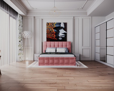 Seturi Dormitor - Dormitor Regal cu Pat Tapitat Stofa Roz cu dulap 250*200 usi glisante Alb cu Oglinda, noptiere si comoda