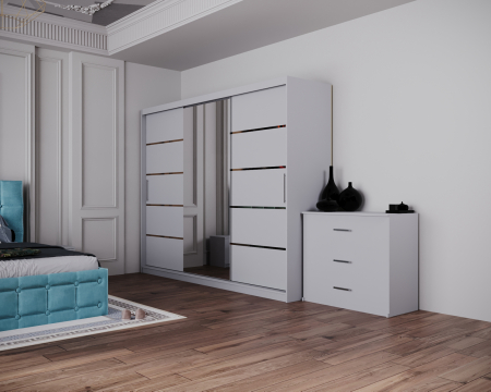 Dormitor Regal cu Pat Tapitat Stofa Turquaz cu dulap 250*200 usi glisante Alb cu Oglinda, noptiere si comoda [4]