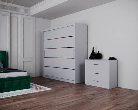 Dormitor Regal cu Pat Tapitat Stofa Verde cu dulap 200*200 usi glisante Alb cu, noptiere si comoda [4]