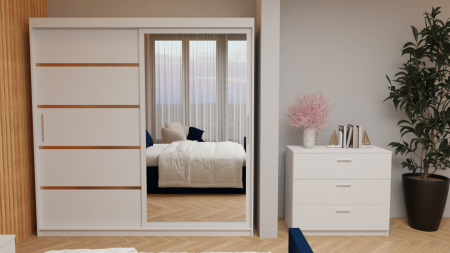 Dormitor Tony Tapitat Stofa Albastra cu dulap 200*200 usi glisante Alb, Cu Oglinda, noptiere si comoda [1]