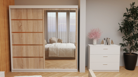 Dormitor Tony Tapitat Stofa Bej cu dulap 200*200 usi glisante Sonoma&Alb, Cu Oglinda, noptiere si comoda [2]