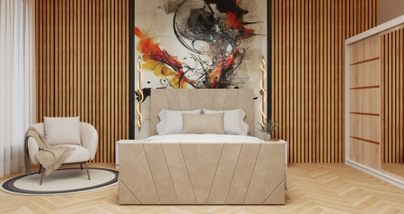 Seturi Dormitor - Dormitor Tony Tapitat Stofa Bej cu dulap 200*200 usi glisante Sonoma&Alb, Cu Oglinda, noptiere si comoda