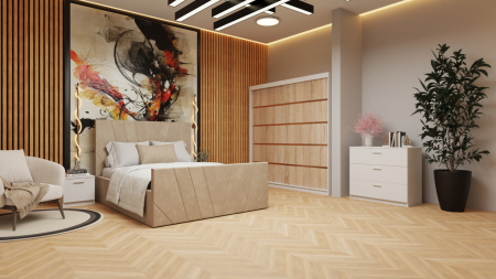 Dormitor Tony Tapitat Stofa Bej cu dulap 200*200 usi glisante Sonoma&Alb, noptiere si comoda [2]