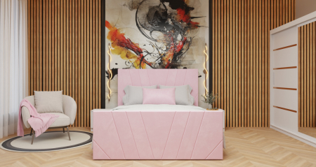 Seturi Dormitor - Dormitor Tony Tapitat Stofa Roz cu dulap 200*200 usi glisante Alb cu Oglinda, noptiere si comoda