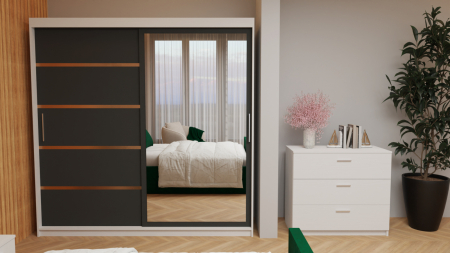 Dormitor Tony Tapitat Stofa Verde cu dulap 200*200 usi glisante Alb&Antracit cu Oglinda, noptiere si comoda [1]