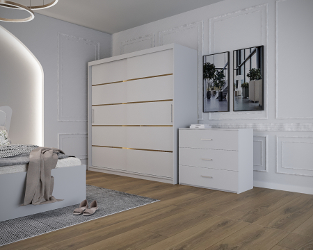 Dormitor Vista cu Pat Tapitat Alb cu dulap 200*200 usi glisante Alb, noptiere si comoda [4]