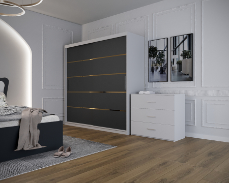Dormitor Vista cu Pat Tapitat Antracit&Alb cu dulap 200*200 usi glisante Antracit&Alb, noptiere si comoda [2]