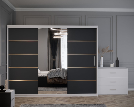 Dormitor Vista Tapitat Alb&Gri Antracit Dressing 3 usi cu Oglinda 250x200 [2]