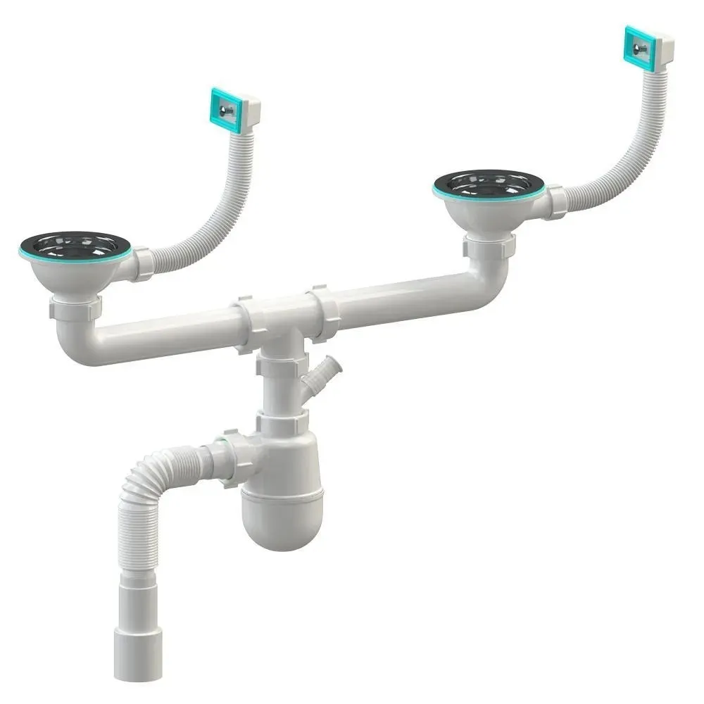 Sifon chiuveta tip "butelie" dublu D. 1.1/2" x 40 cu 1 racord, 2 preaplin si furtun gofrat 40/50 К1450  SOLOPLAST [1]