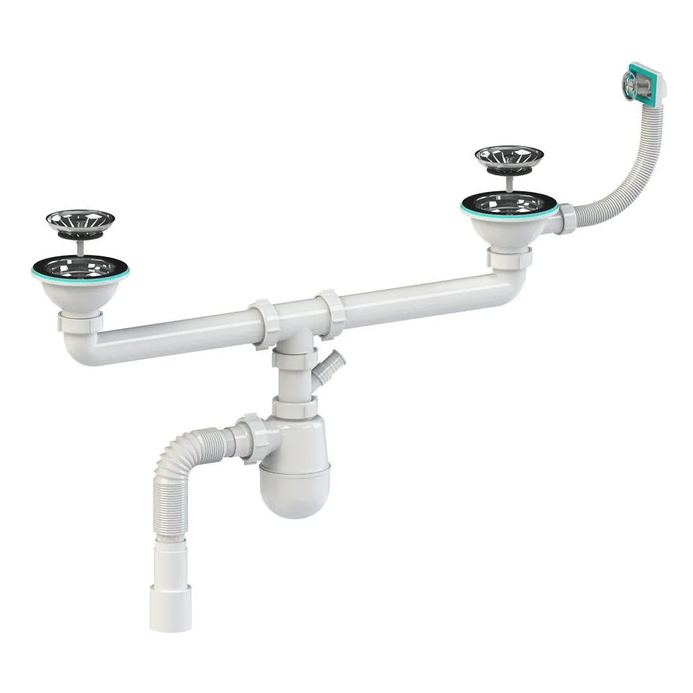 Sifon chiuveta tip "butelie" dublu D. 1.1/2" x 40 cu 1 racord, preaplin si furtun gofrat 40/50 К1451  SOLOPLAST [1]