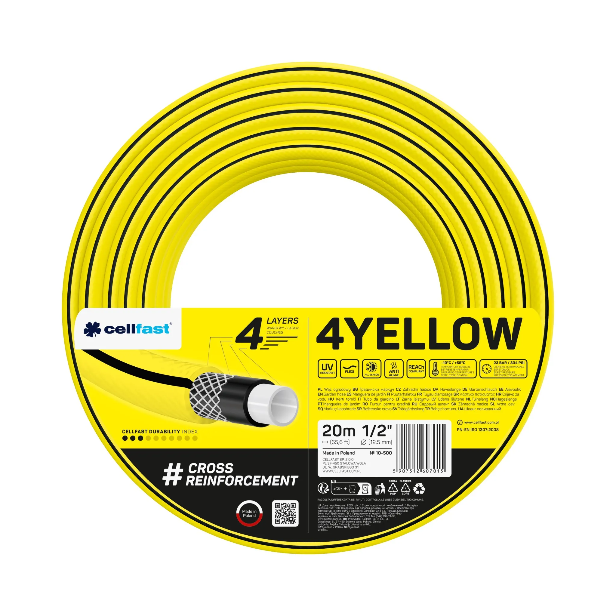 Furtunuri de grădină și accesorii pentru irigare (Cellfast) - Furtun de gradina 4YELLOW D. 1/2" (12-15 mm) 20 bar 10-500  CELLFAST L=20 m