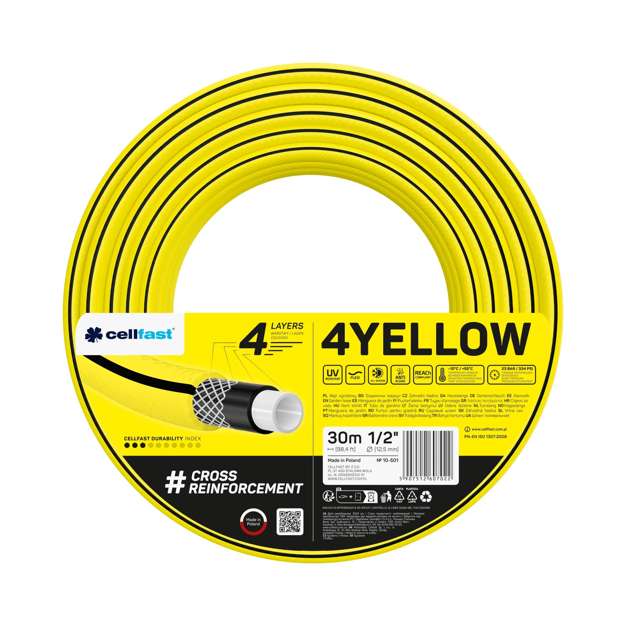 Furtunuri de grădină și accesorii pentru irigare (Cellfast) - Furtun de gradina 4YELLOW D. 1/2" (12-15 mm) 20 bar 10-501 CELLFAST L=30 m