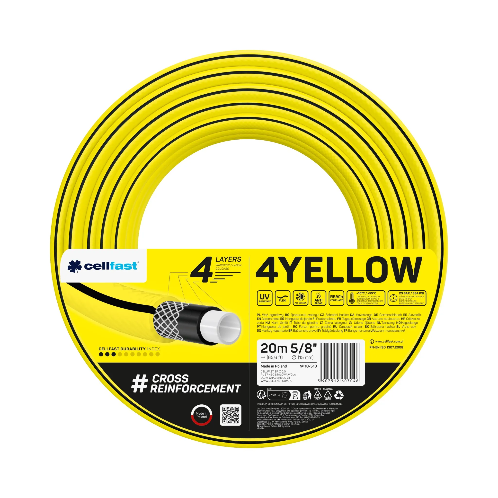 Furtunuri de grădină și accesorii pentru irigare (Cellfast) - Furtun de gradina 4YELLOW D. 5/8" (15-18 mm) 20 bar 10-510 CELLFAST L=20 m
