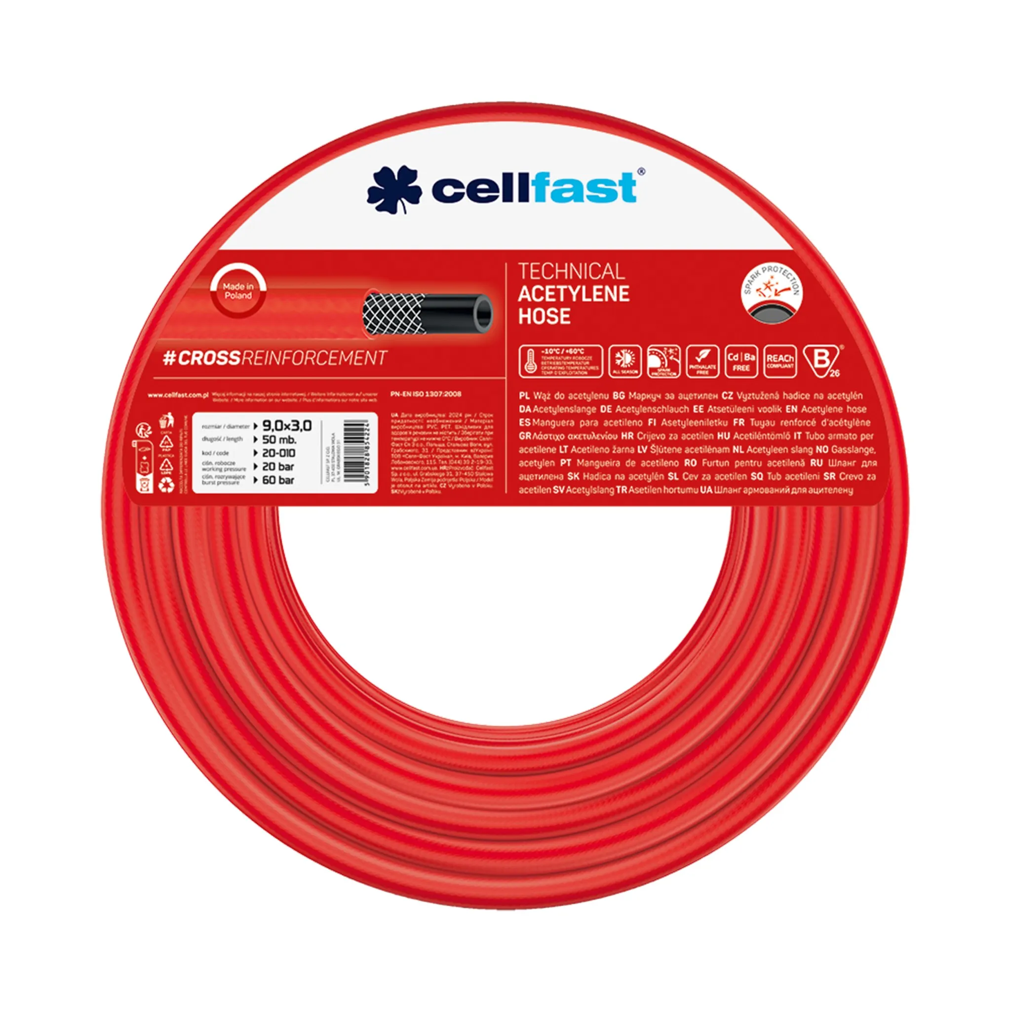 Furtunuri pentru diverse întrebuințări (tehnice, oxigen, apă de aspirație, acetilenă, pentru gaz) - Furtun pentru acetilena D. 9x3 (rosu)  CELLFAST L=50 m