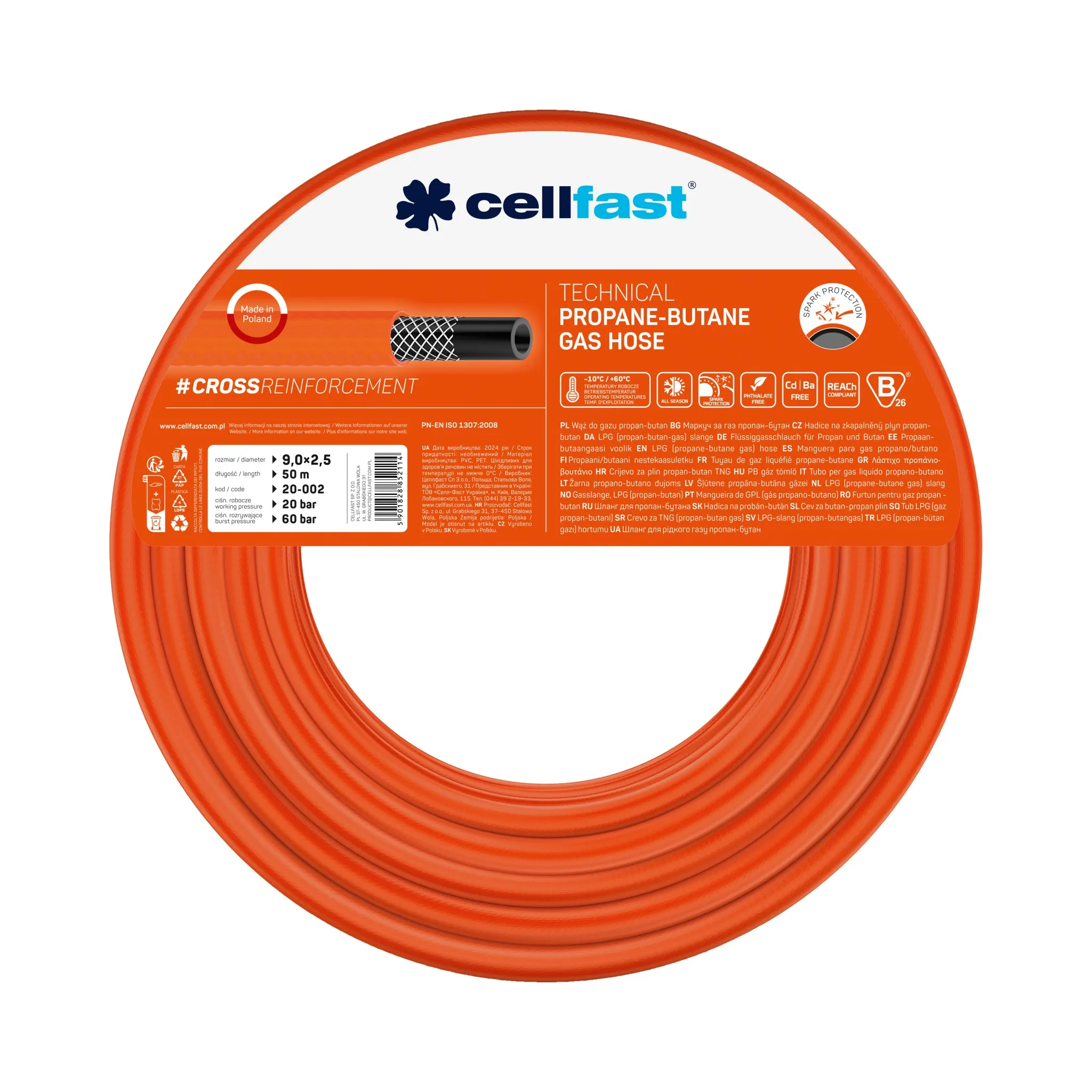 Furtunuri pentru diverse întrebuințări (tehnice, oxigen, apă de aspirație, acetilenă, pentru gaz) - Furtun pentru gaz lichid (propan-butan) D. 9x2.5 (portocaliu) 20-002  CELLFAST L=50 m